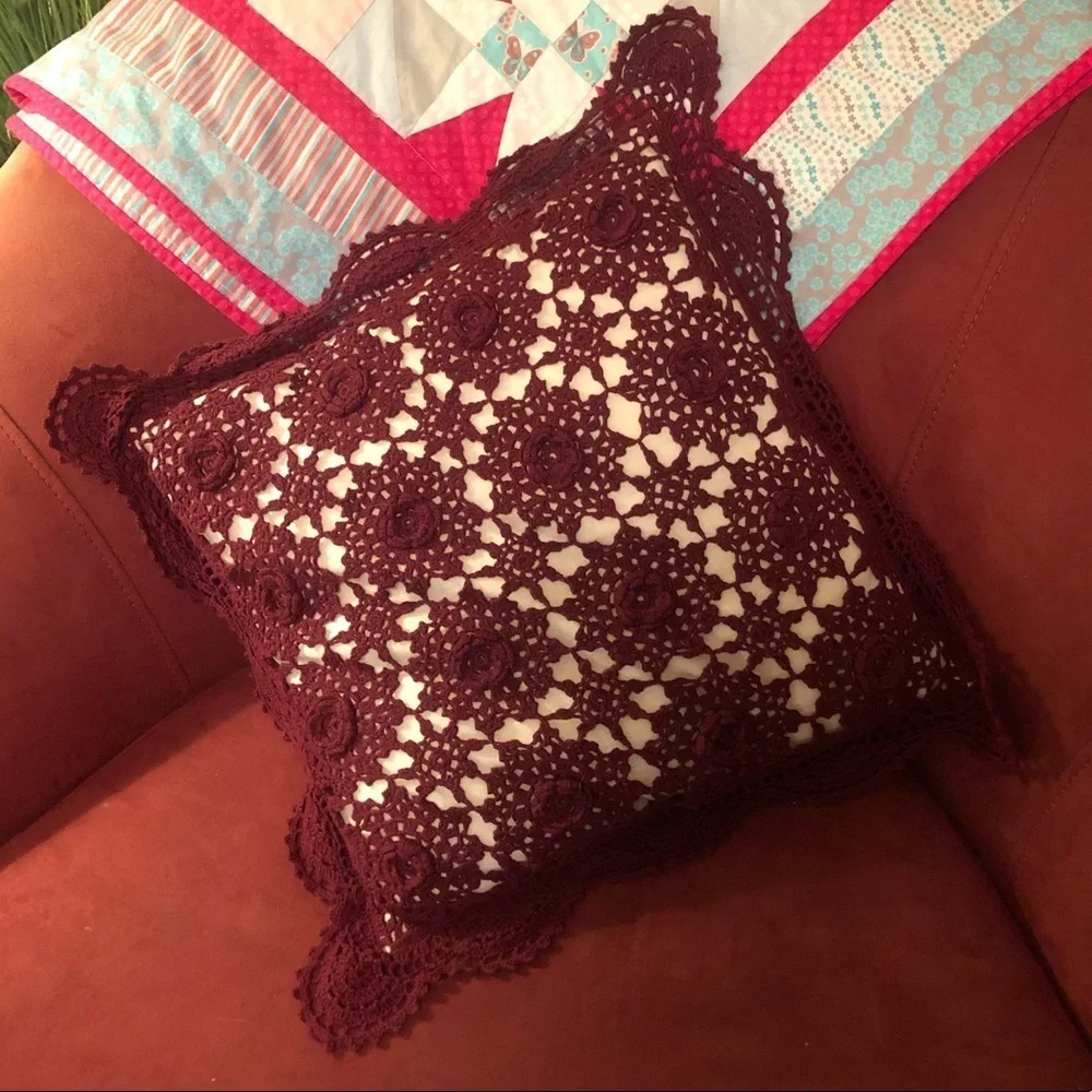 Hand Crochet Lace Top Cotton Maroon Accent Pillow with Scalloped Trim 16”